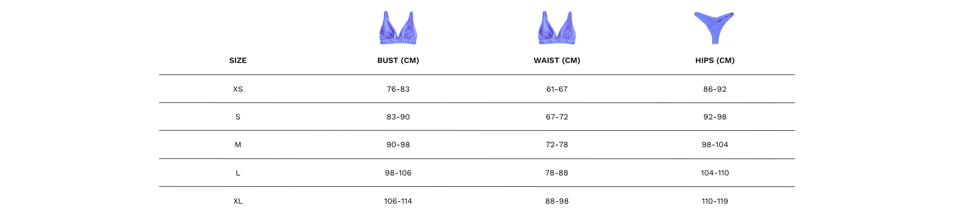 Wiild Swimwear fit guide size chart